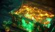 Enchanted treasure chest overflowing with glowing golden coins