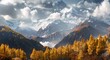 Autumn mountain landscape with yellow larch trees and snow-capped peaks, Colorful in autumn forest and snow mountain at Yading nature reserve 
