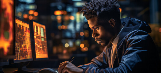 Poster - Concentrated Young Black Trader Analyzing Financial Markets on Multiple Computer Screens in a Dark Office Room