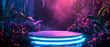 Neon futuristic round scene, podium or stage with spotlights, rays, glowing neon tropical leaf, steam. Surreal abstract showcase. Product presentation background. Generative ai