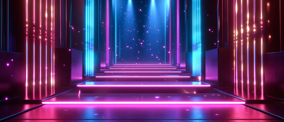 Neon futuristic scene with podium or stage, purple, blue, pink spotlights, rays, abstract shapes, glowing particles. Product presentation background. Generative ai