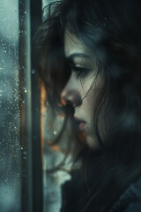 Wall Mural - A woman with long dark hair is looking out a window