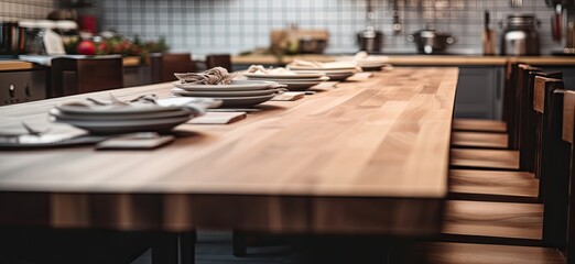 Poster - Peek into a cozy kitchen interior featuring a wooden table and chairs, with a blurred background adding a touch of warmth and homeliness.