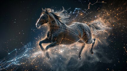 Wall Mural - Against the velvet canvas of space, a horse gallops, composed of stardust and cosmic lights, forming a celestial figure that blends with the constellations.