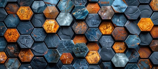Poster - A closeup shot of a honeycomb pattern on a wall showcasing the intricate symmetry created by the gas blue composite material, metal fixture, and glass rectangle