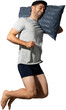 Sleeping Caucasian man with soft pillow jumping PNG file no background 