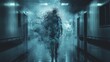 Conceptual image depicting a healthcare workers silhouette dissolving into fine particles, representing the burnout epidemic in the medical profession The background is a busy hospital corridor