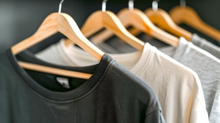 Wall Mural - Assorted plain t-shirts on wooden hangers in a clean wardrobe. Simple fashion, organized clothing display. Selective focus on a minimalistic style. Ideal for retail and apparel concepts. AI