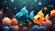 A cute logo icon of a giggling starfish on an underwater coral reef with colorful fish background.