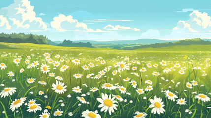 Canvas Print - A field of white flowers with a blue sky in the background