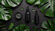 Skincare dropper bottles on black background with monstera leaves, dropper bottle mockup