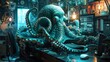 Visualize an octopus in a sleek, underwater office, adeptly managing multiple tasks with its tentacles typing, answering calls, and organizing files 