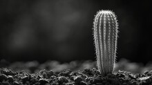   A monochrome image depicts a tiny succulent amidst rocky terrain and hazy surroundings