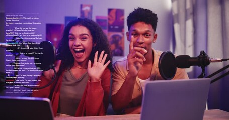 Poster - Live streaming, podcast and couple with comments in home for content creation, conversation and talk show. Influencer, laptop and portrait of happy man and woman with mic for chat, broadcast and vlog