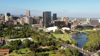 Sticker - Torrens river shores in Adelaide city of South Australia – aerial skyline cityscape.
