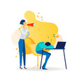 Manager with megaphone shouting at lazy worker. Angry boss, sleeping employee flat vector illustration. Conflict, efficiency concept for banner, website design or landing web page