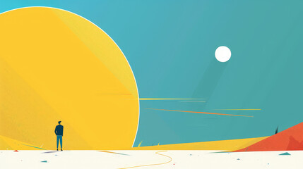 Wall Mural - A man is standing on a beach looking at a large yellow sun