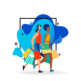 Fototapeta Abstrakcje - Positive female friends walking with shopping bags. Multiracial women, shoppers, customers flat vector illustration. Offline stores, friendship concept for banner, website design or landing web page