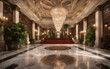 Grand hotel lobby, marble floors, majestic staircase, crystal chandeliers, and lush plant decorations