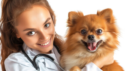 Wall Mural - Beautiful young woman doctor with pomeranoan dog