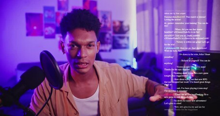 Poster - Live streaming, gamer and man with comments from fans for feedback, subscription or gaming chat. Influencer, content creator and portrait of person talking for podcast, vlog or video game competition