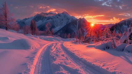 Poster -   The sun sets over snow-covered mountains on a snow-lined road with snow-covered trees