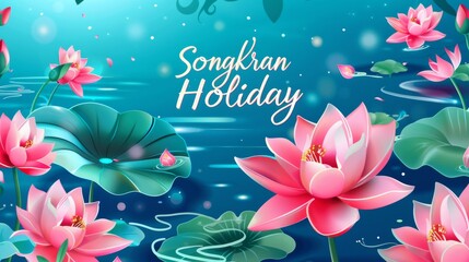 Wall Mural - Songkran Holiday - water festival in Thailand. Calligraphy lettering text on background with water and flowers. Template for poster, flyer or banner