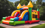 Fototapeta Las - Inflatable bounce house water slide in a backyard. Colorful bouncy castle slide for children playground