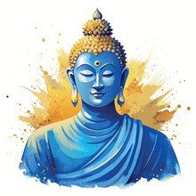 A Blue And Gold Buddha Statue With Gold Beads On Its Head. The Statue Is Surrounded By Gold Circles And Has A Peaceful And Serene Expression