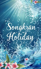 Wall Mural - Songkran Holiday - water festival in Thailand. Calligraphy lettering text on background with water and flowers. Template for poster, flyer or banner