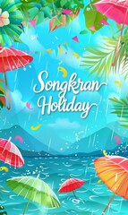 Wall Mural - Songkran Holiday - water festival in Thailand. Calligraphy lettering text on background with water and flowers. Template for poster, flyer or banner