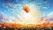 A whimsical logo icon of a flying kite on a sunny meadow with flowers background.
