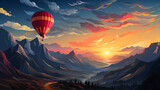 A whimsical logo icon of a flying hot air balloon on a sunset sky background.
