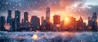 Tranquil Twilight Snowcovered City Skyline Basking in Ethereal Bokeh Sunset Glow