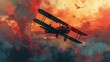 A biplane emerges from business struggles, soaring upward with growth charts, guided by a Nightingale in a twilight realm.