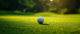 Fototapeta Sport - Close up  professional golf ball on green grass field. Sunlight on the meadow. Golf competition club. Outdor lesure.Sport lifestyle background. Copy space. Generative ai