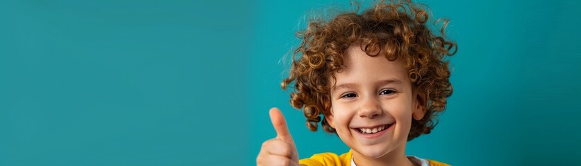 A happy young child with curly hair smiles brightly