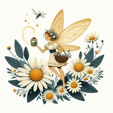 Fairy Chamomile, Meadow Fairy With A Cup Of Aromatic Herbal Medicinal Tea. Flat Style
