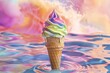 Levitating rainbowcolored ice cream cone on a sunny summer day, embodying the essence of summer joy and colorfulness hyper realistic