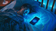 Young Boy Asleep Next to Smartphone Emitting Waves.Technology impact on youth. Health blogs, parenting articles, sleep studies, digital detox promotions