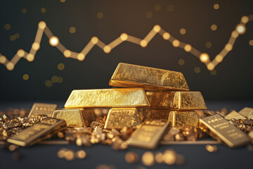 Sticker - Gold bars with financial graph background, illustrates market investments and wealth.