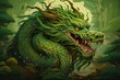 Drawing of a giant and huge magnificent terrifying green Chinese dragon among the forest