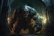 Huge massive muscular orc monster in armor in a cave in the dungeon