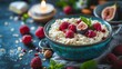   A bowl of oatmeal adorned with raspberries and figs, resting on a table beside a flickering candle