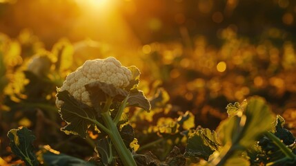 Ripe cauliflower in the planter with sunlight