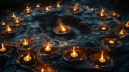 Sticker -   A cluster of illuminated candles placed atop wax paper within a round configuration