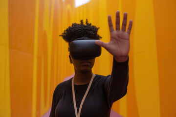 A African American young woman wearing a VR headset, stands with her hand up, immersed in a virtual reality experience, interacts with NFT exhibits, on a vibrant yellow backdrop.