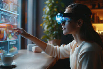 Wall Mural - A young woman uses augmented reality glasses to browse and select food items from a virtual menu, engaging with spatial technology.