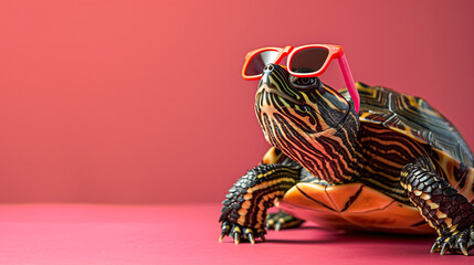 Wall Mural - A turtle wearing sunglasses and standing on a red background. The turtle is wearing a pair of sunglasses, he is enjoying the sun. Fashionable turtle in sunglasses on studio background, with copy space