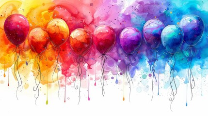 Sticker -   A group of multicolored balloons floats gracefully against a vibrant watercolor painting on a white canvas